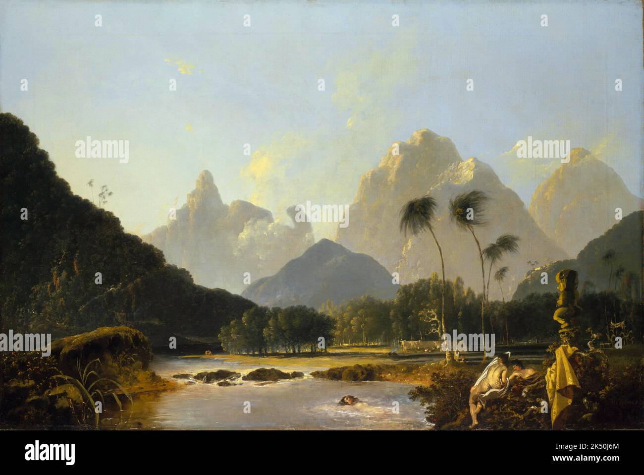 Tahiti: 'A View Taken in the Bay of Oaite Peha, Otaheite (Tahiti Revisited)'. Oil on canvas painting by William Hodges (28 October 1744 - 6 March 1797), c. 1776.  William Hodges was an English painter. He was a member of James Cook's second voyage to the Pacific Ocean, and is best known for the sketches and paintings of locations he visited on that voyage, including Table Bay, Tahiti, Easter Island, and the Antarctic. Hodges accompanied Cook to the Pacific as the expedition's artist in 1772-1775. Many of his sketches and wash paintings were adapted as engravings in Cook's published journals. Stock Photo