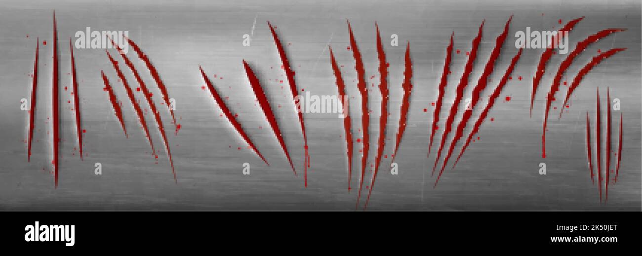 Metal texture with red scratches of wild animal claws. Torn slashes on steel surface, scary talons marks with blood inside and bloody drops, vector re Stock Vector