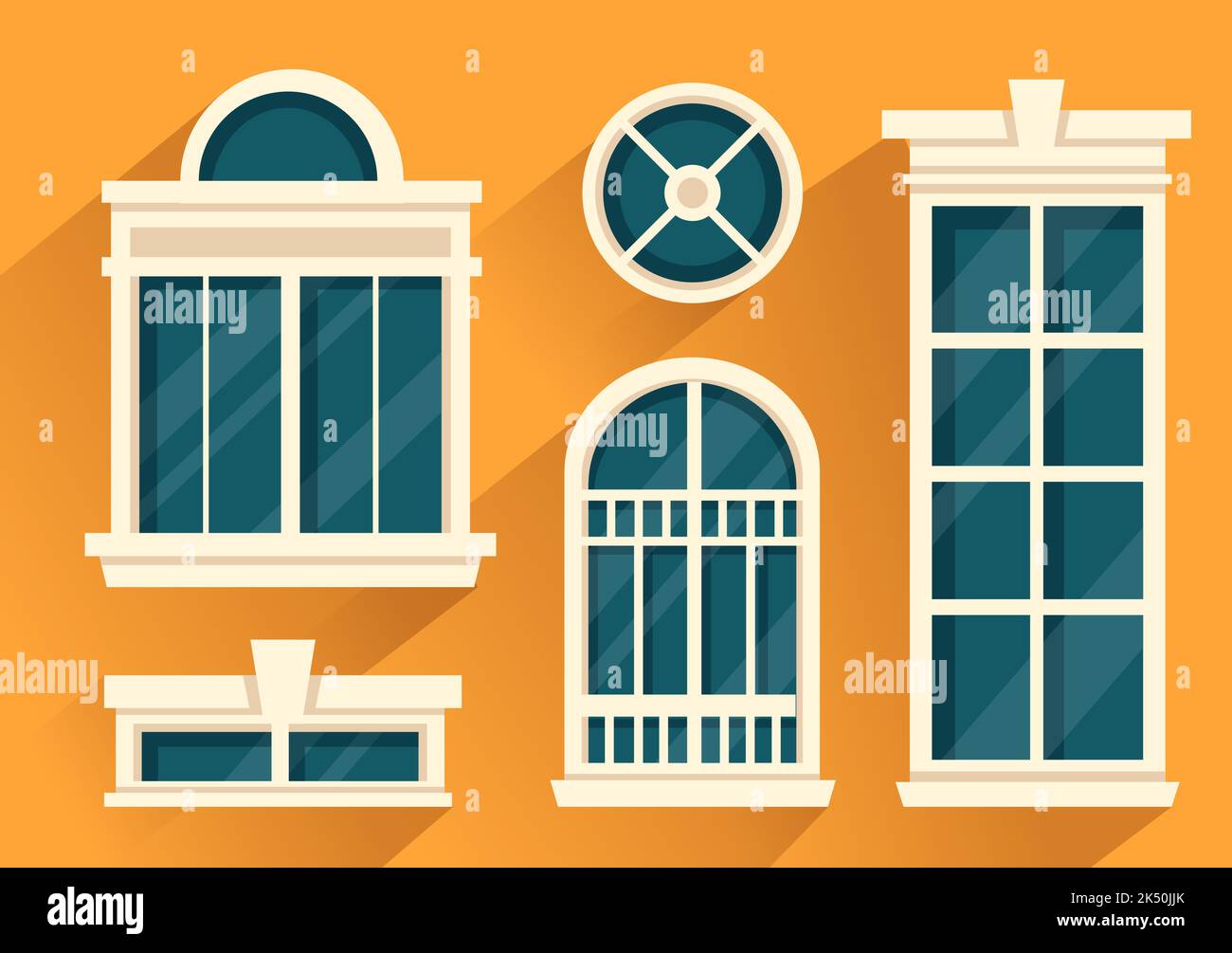 House Architecture with Set of Doors and Windows Various Shapes, Colors