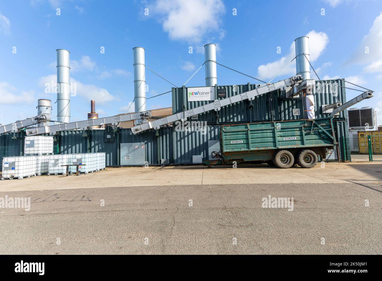 Newtainer drying machinery biogas electricity generation, AgriGen Ltd, Bentwaters Park, Suffolk, England, UK Stock Alamy