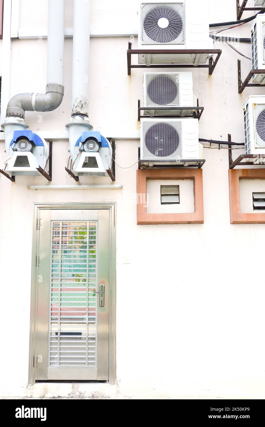Exterior air conditioning unit on brick wall Stock Photo Alamy