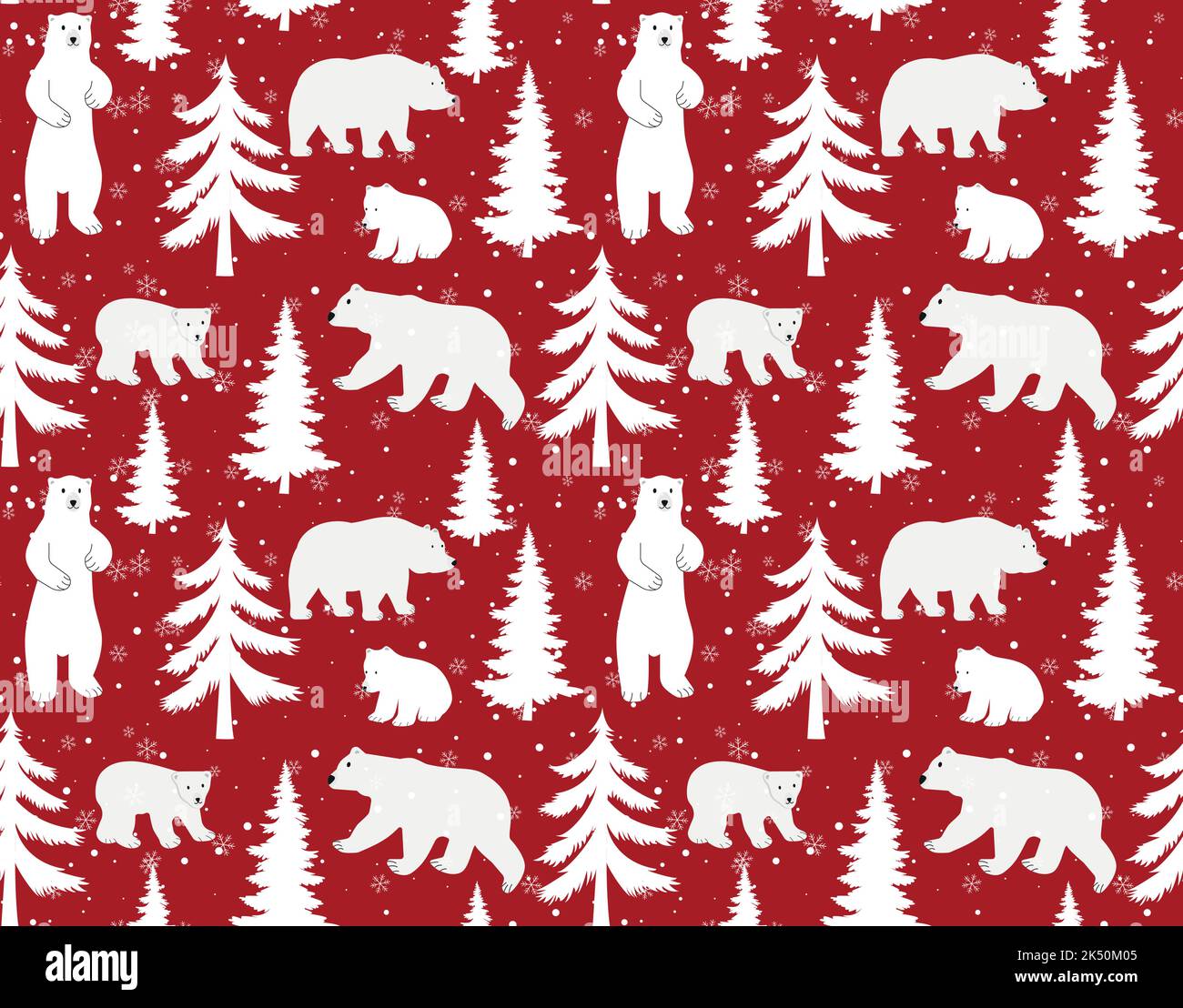 Seamless vector pattern with cute hand drawn polar bears, pine trees and snowy winter woodland on dark blue background. Perfect for textile, wallpaper Stock Vector