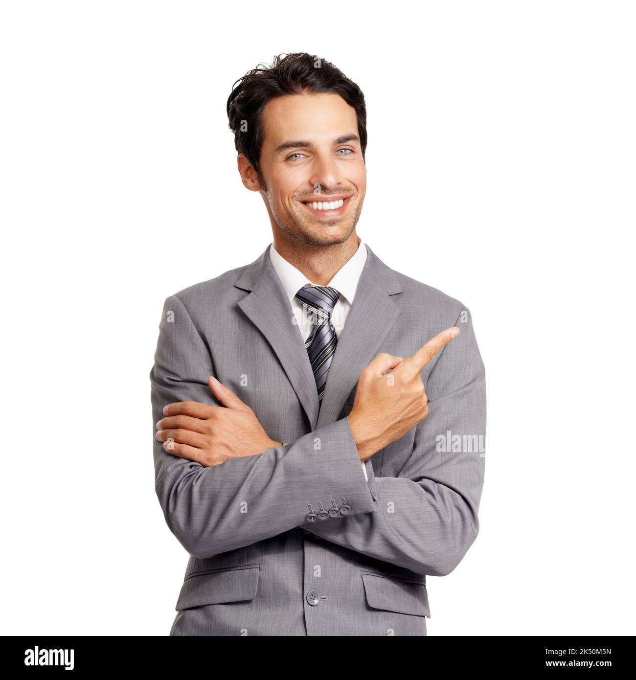 Its got his approval. A smiling young executive pointing at copyspace ...