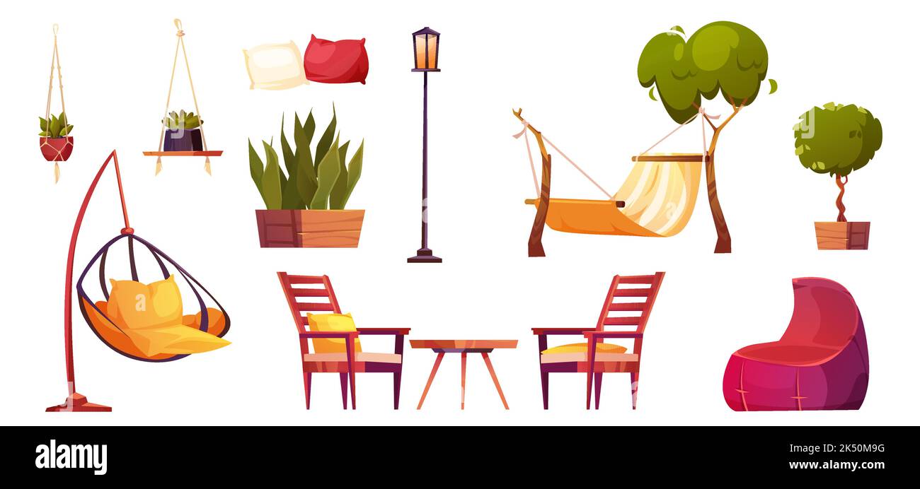 Garden elements isolated set. Furniture, hammock, street lamp, beanbag