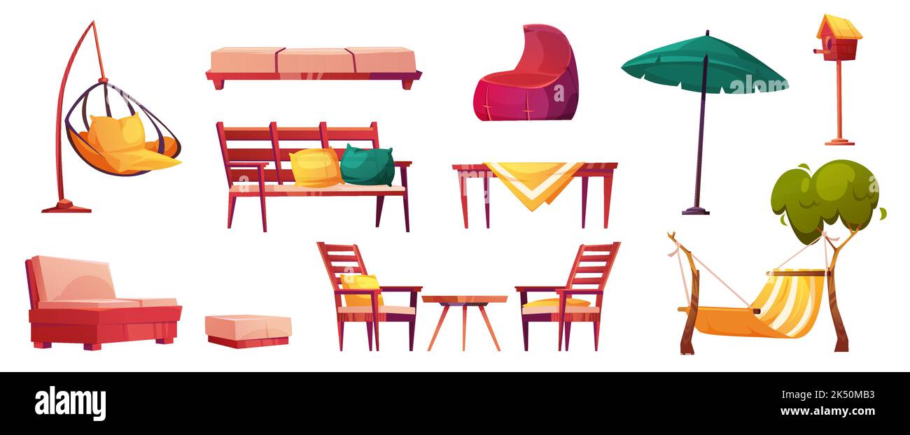 Cartoon garden furniture set on white. Wooden picnic table and chairs ...