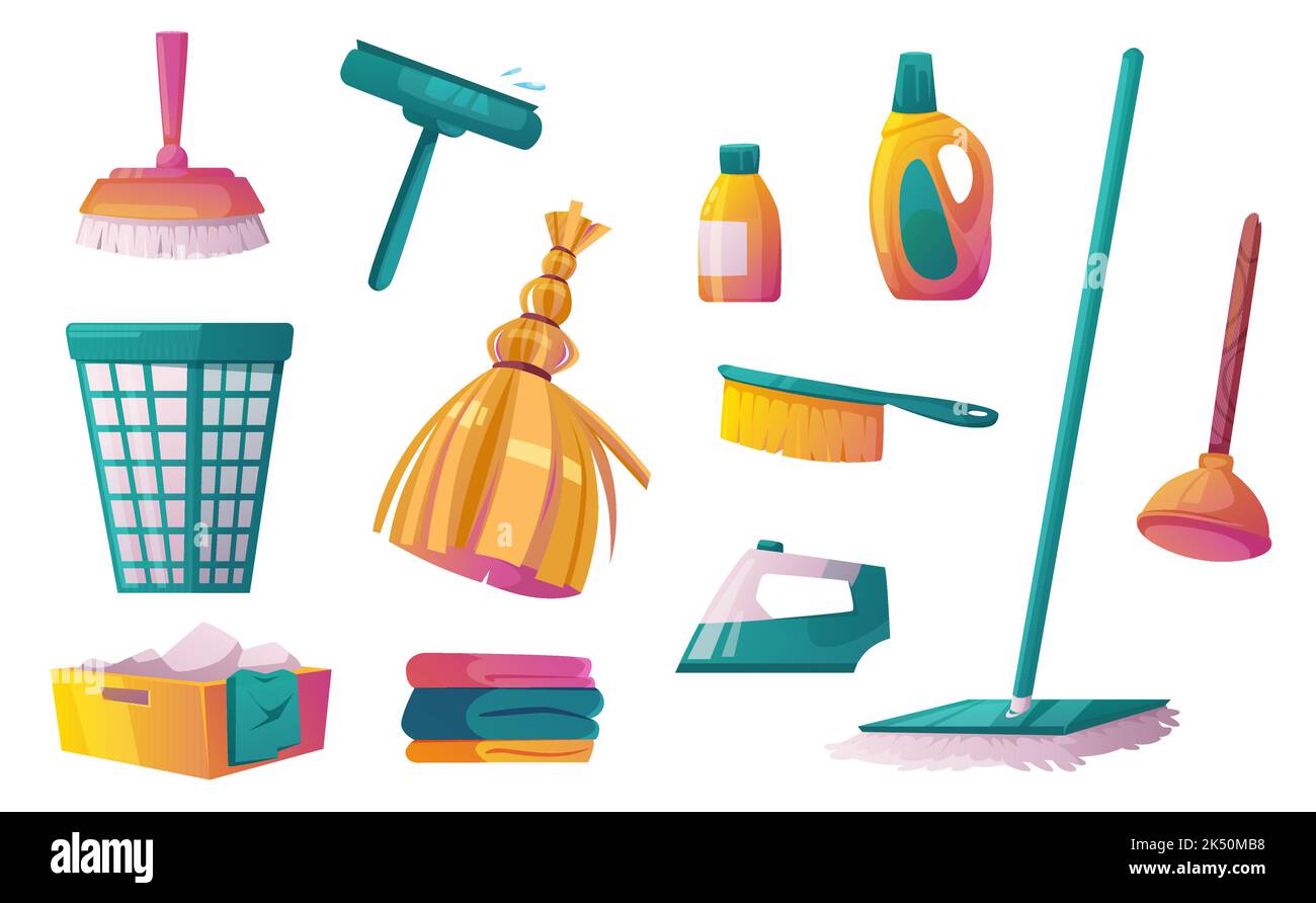 Household tools and chemicals cartoon set isolated on white. Vector