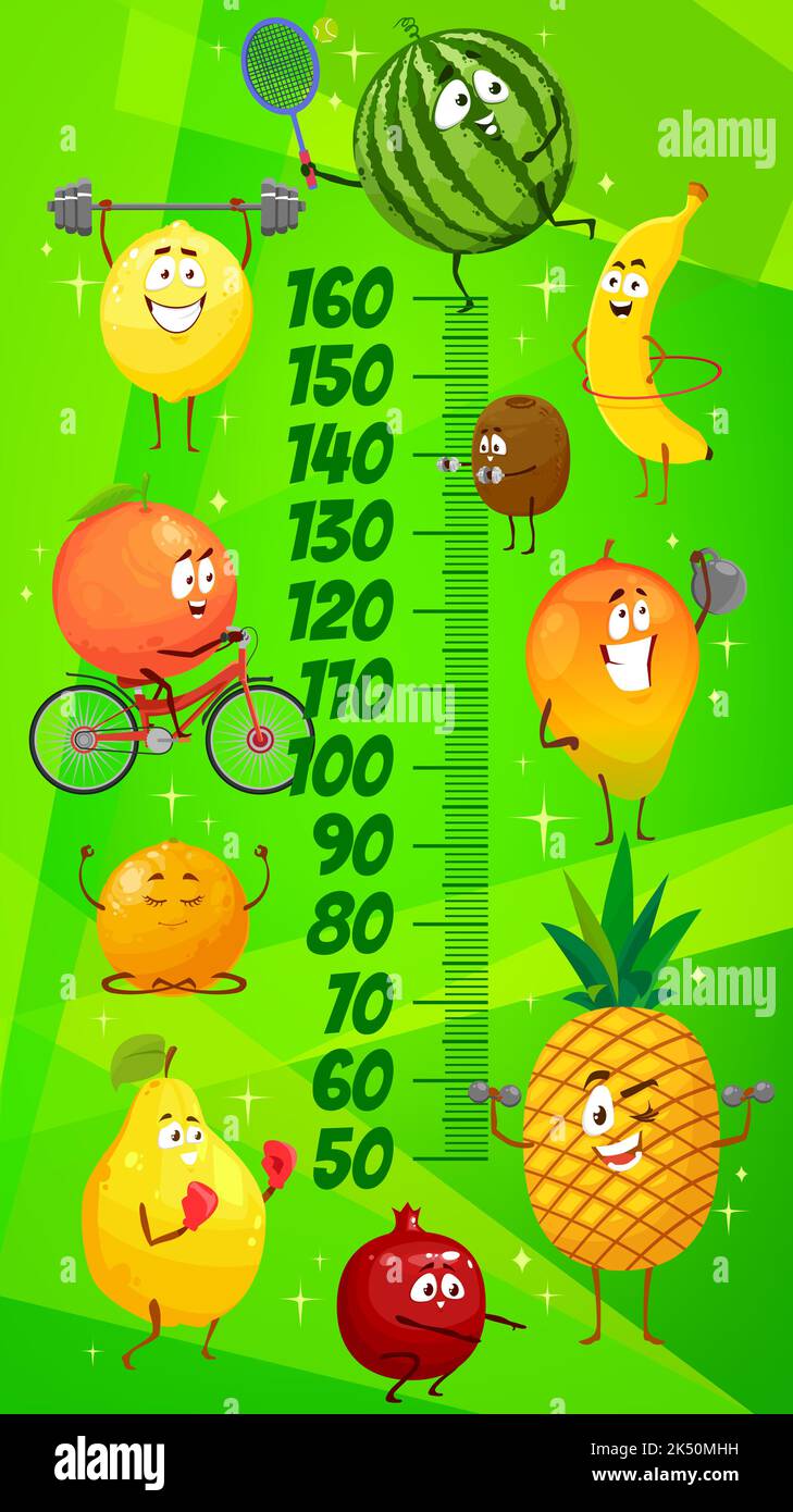 Kids height chart with funny fruits sportsmen. Child growth measure