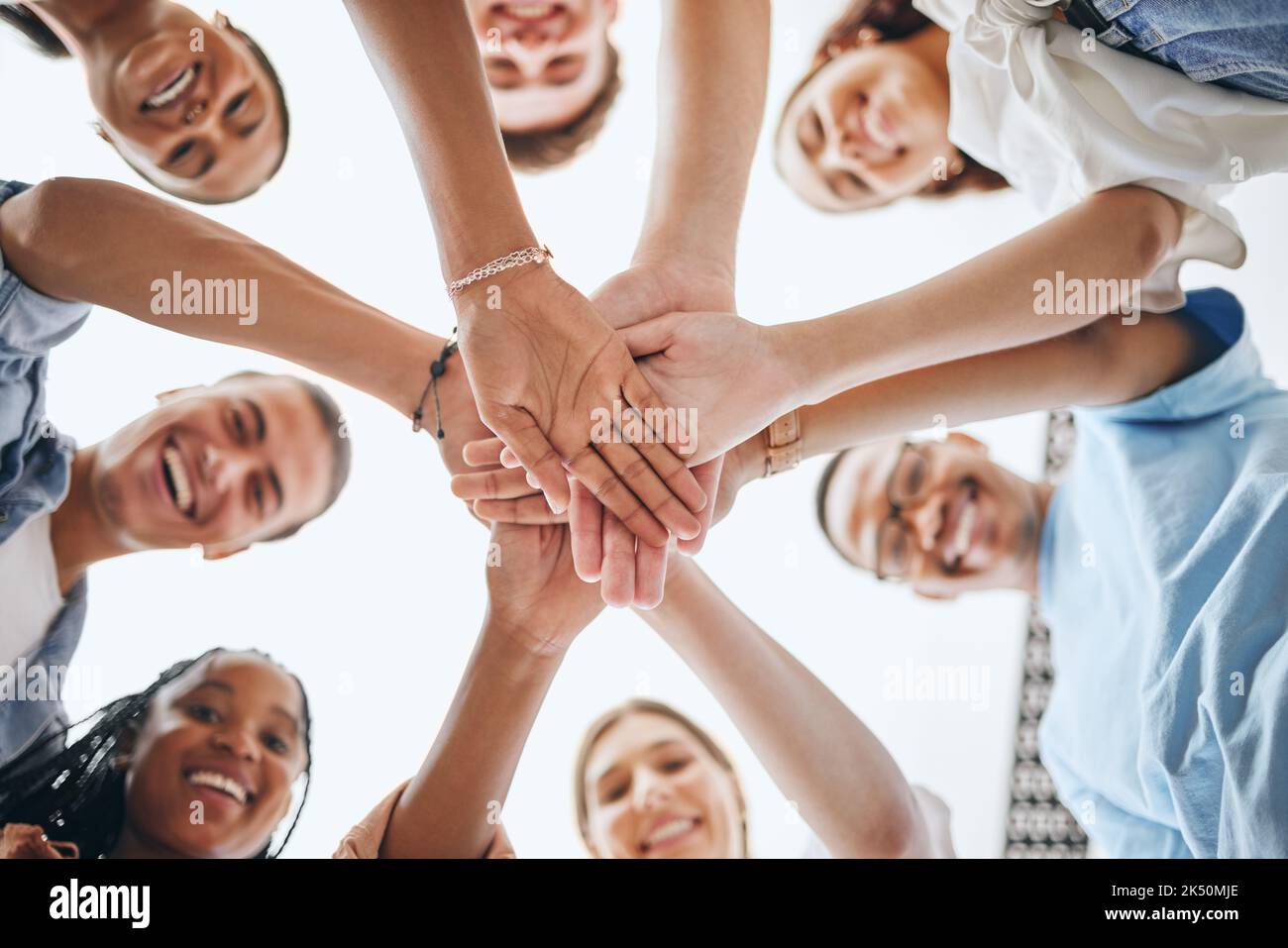 Team, vision and hands in support of team building activity with ...