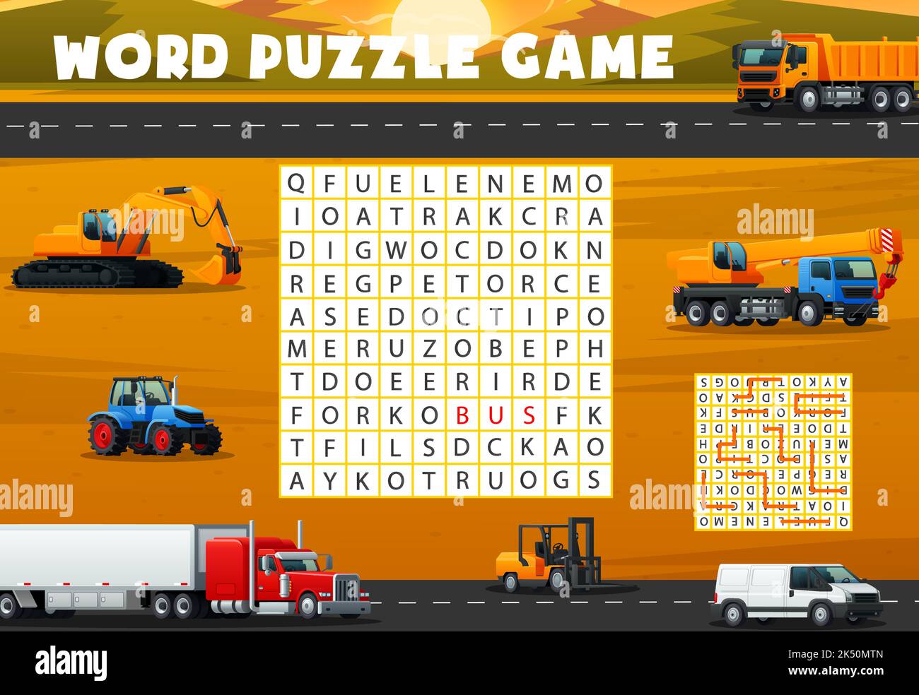 Construction machinery and industrial transport. Word search puzzle