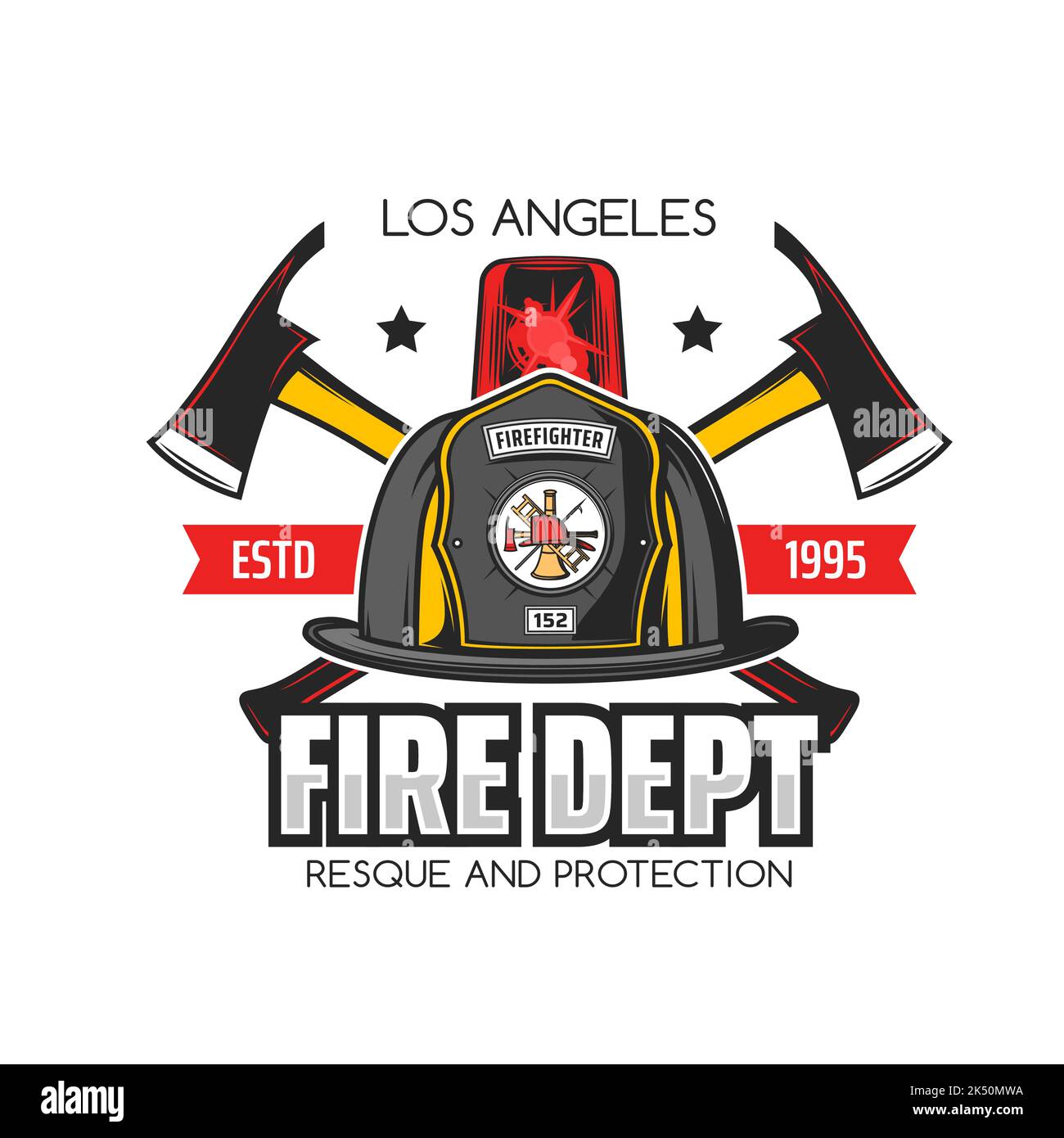 Firefighting icon and fire department symbol with vector helmet of firefighter or fireman, crossed axes and fire truck emergency red light. Rescue service isolated badge with firefighter equipment Stock Vector
