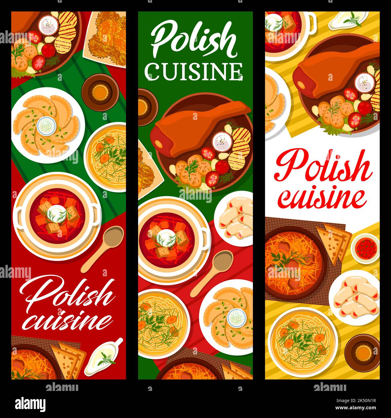 Polish cuisine food banners with vector dishes of vegetable, meat and cheese dessert. Noodle chicken soup, dumplings pierogi and sauerkraut stew bigos, ham hocks, potato pancakes, borscht and cookies Stock Vector