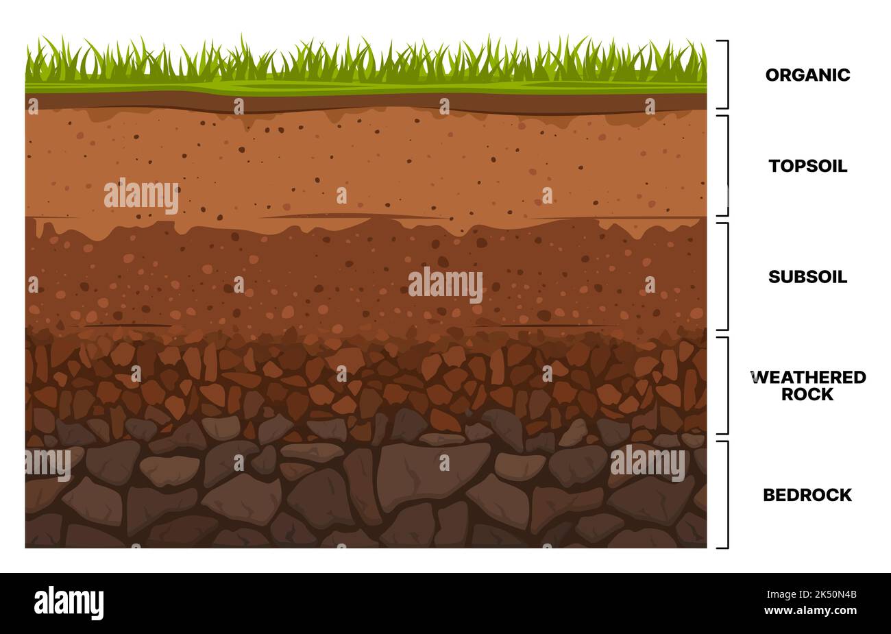 Soil layer infographics, earth texture horizon, subsoil land and underground, vector cross section. Geology soil layer and ground structure diagram with organic topsoil, weathered rock and bedrock Stock Vector