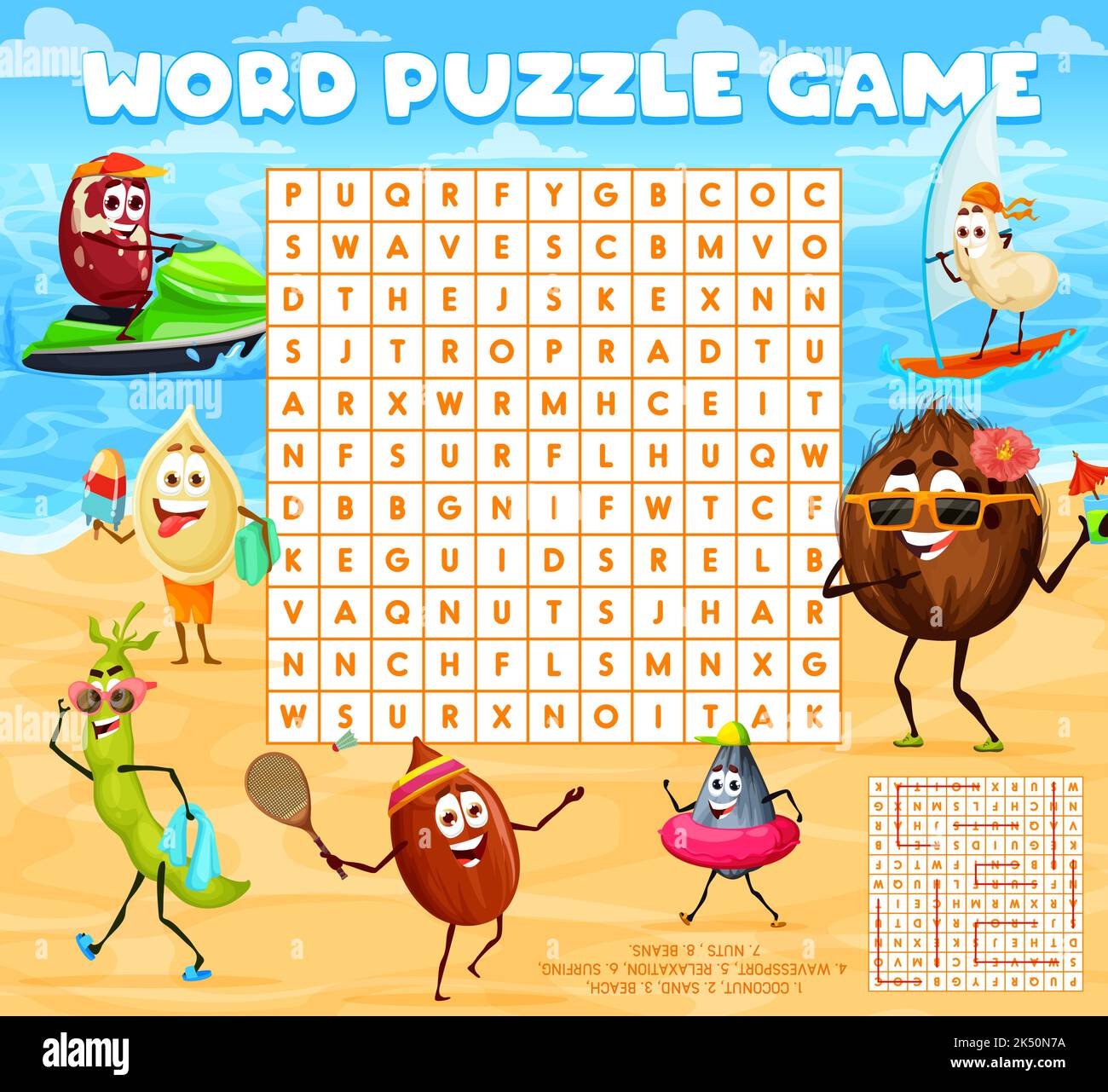 Nuts characters on summer beach, word search puzzle game worksheet. Vector kids quiz grid