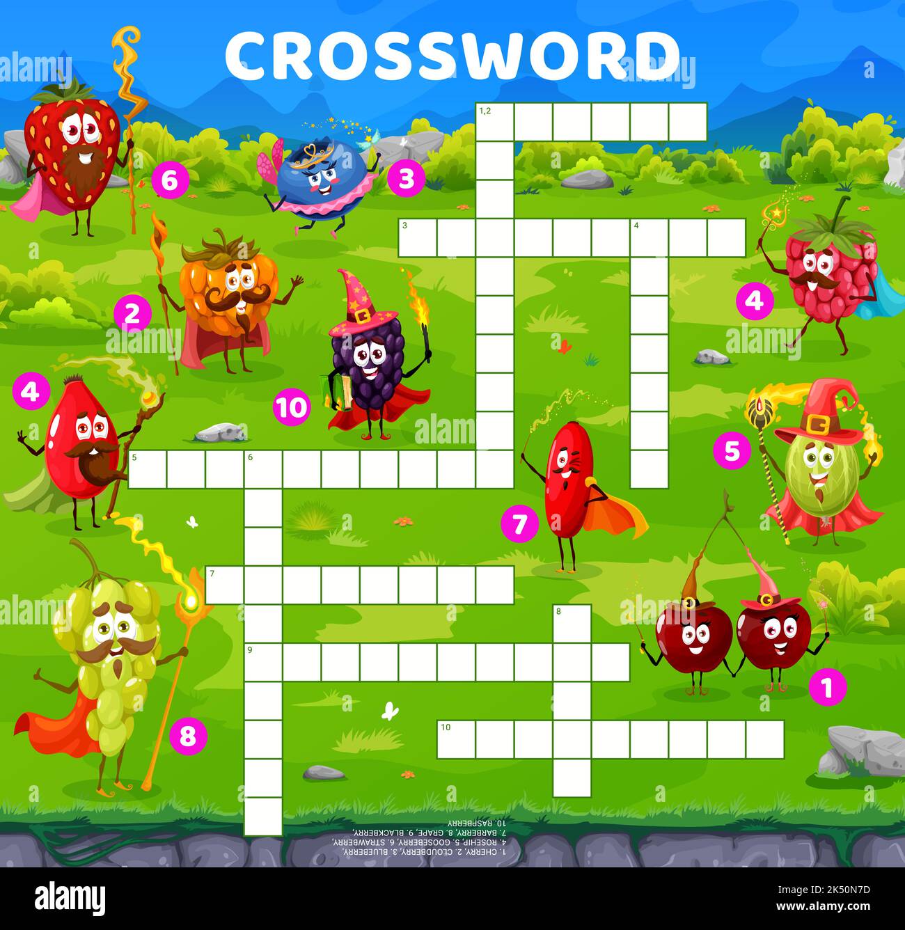 Crossword quiz game grid. Cartoon berry mage and wizard characters