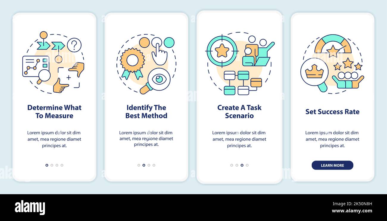 Steps to conduct site usability testing onboarding mobile app screen Stock Vector