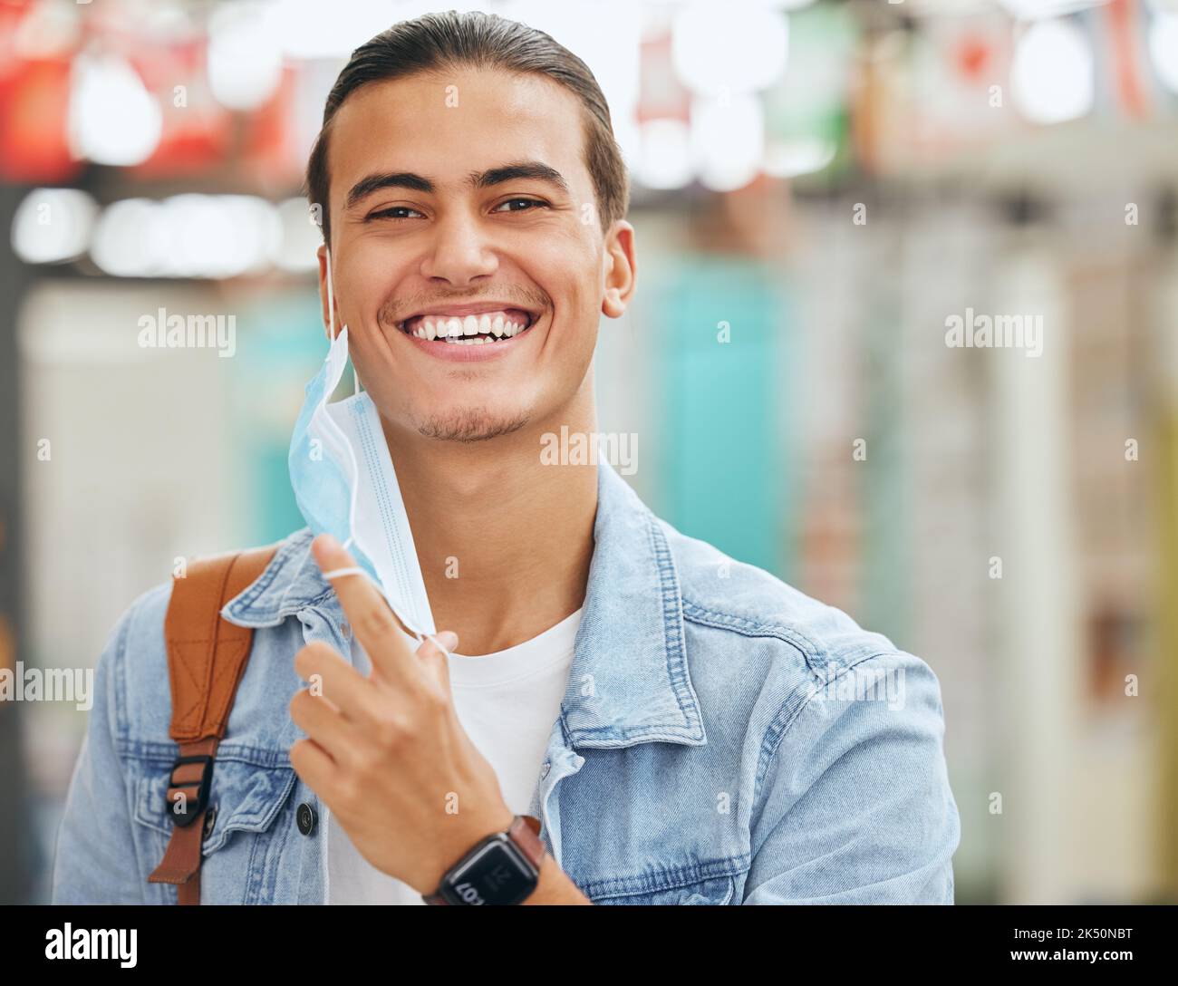 University student remove face mask, end of covid and safety for