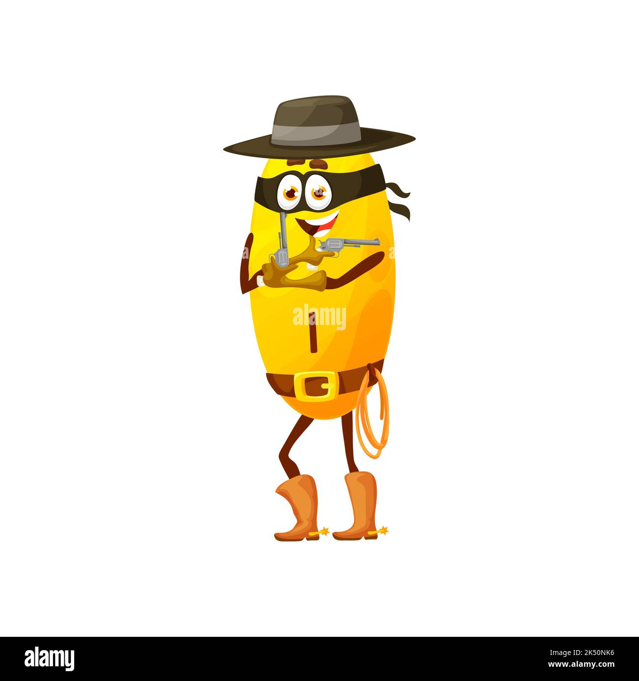 Cartoon iodine robber or bandit micronutrient character. Isolated vector cowboy capsule with revolvers and lasso. Cowpuncher personage wear black hat and mask holding a gun. Wild west hero Stock Vector