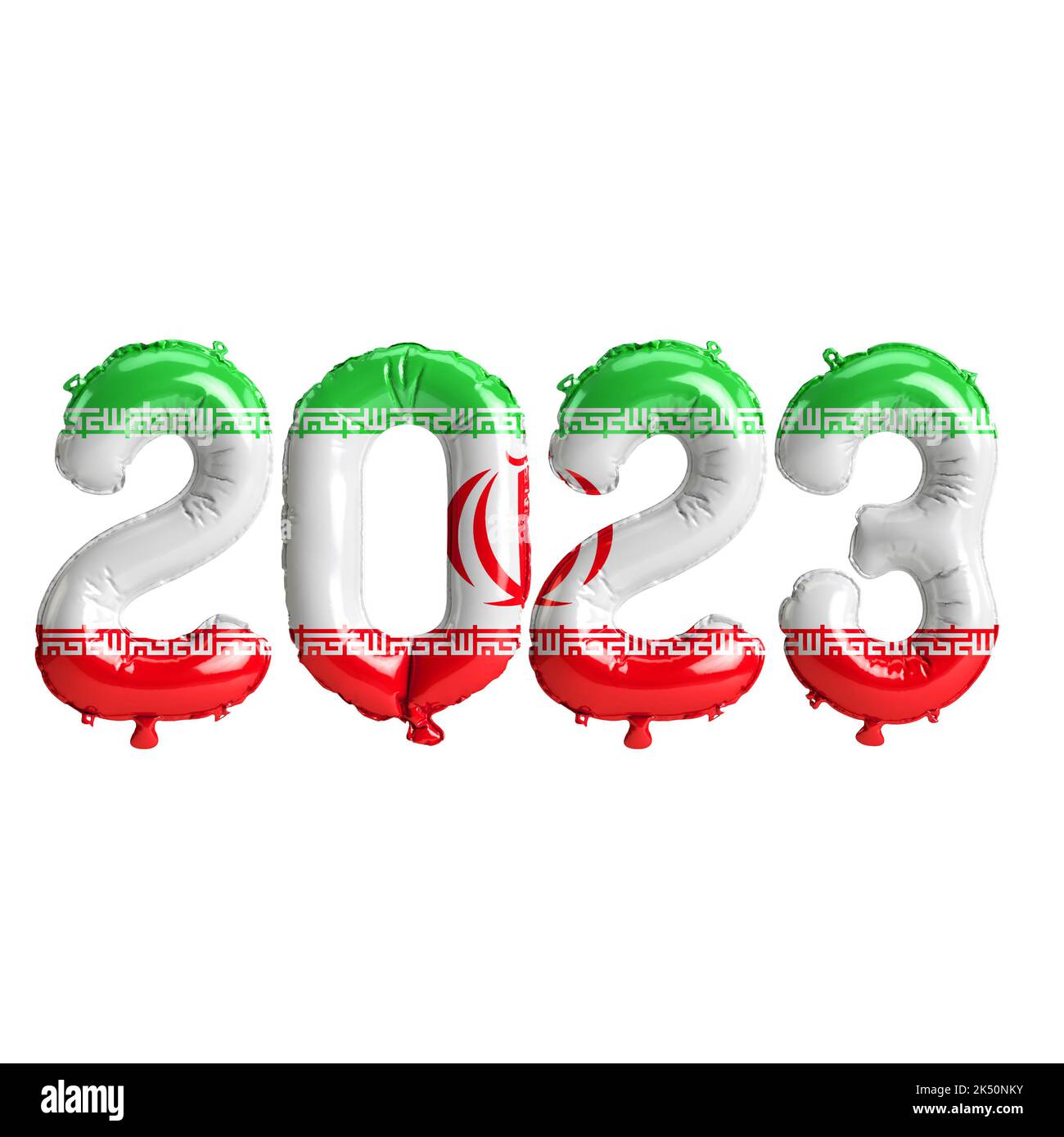 3d illustration of 2023 year balloons with Iran flag isolated on white ...