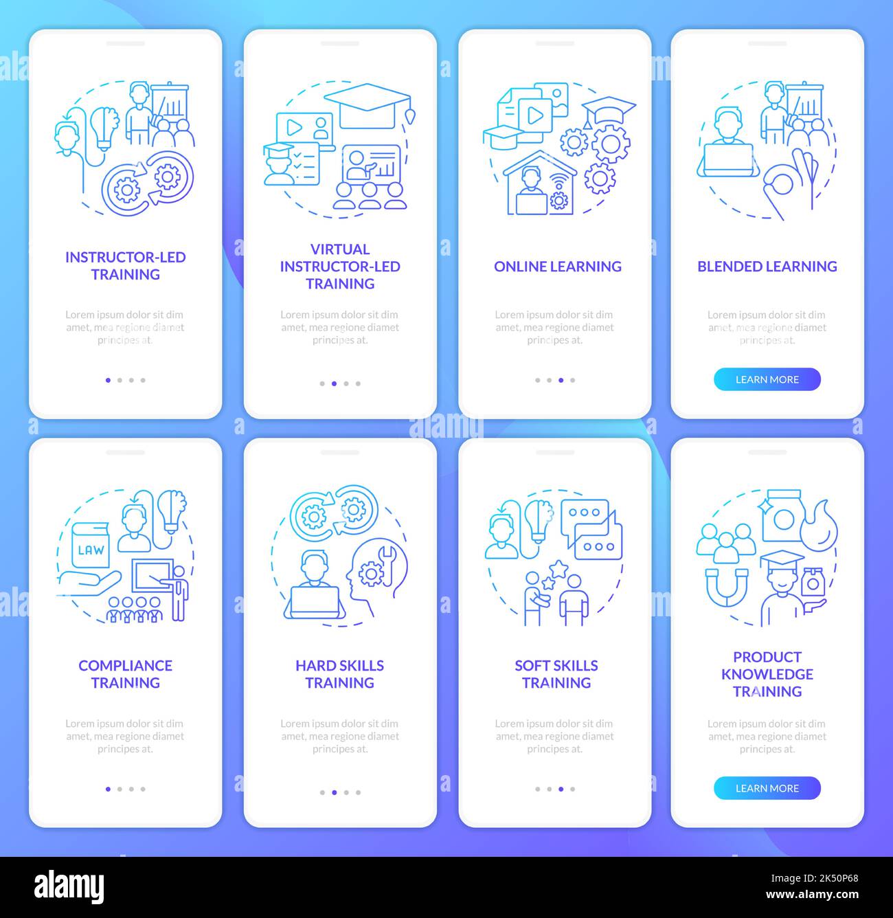 Successful training program blue gradient onboarding mobile app screen set Stock Vector