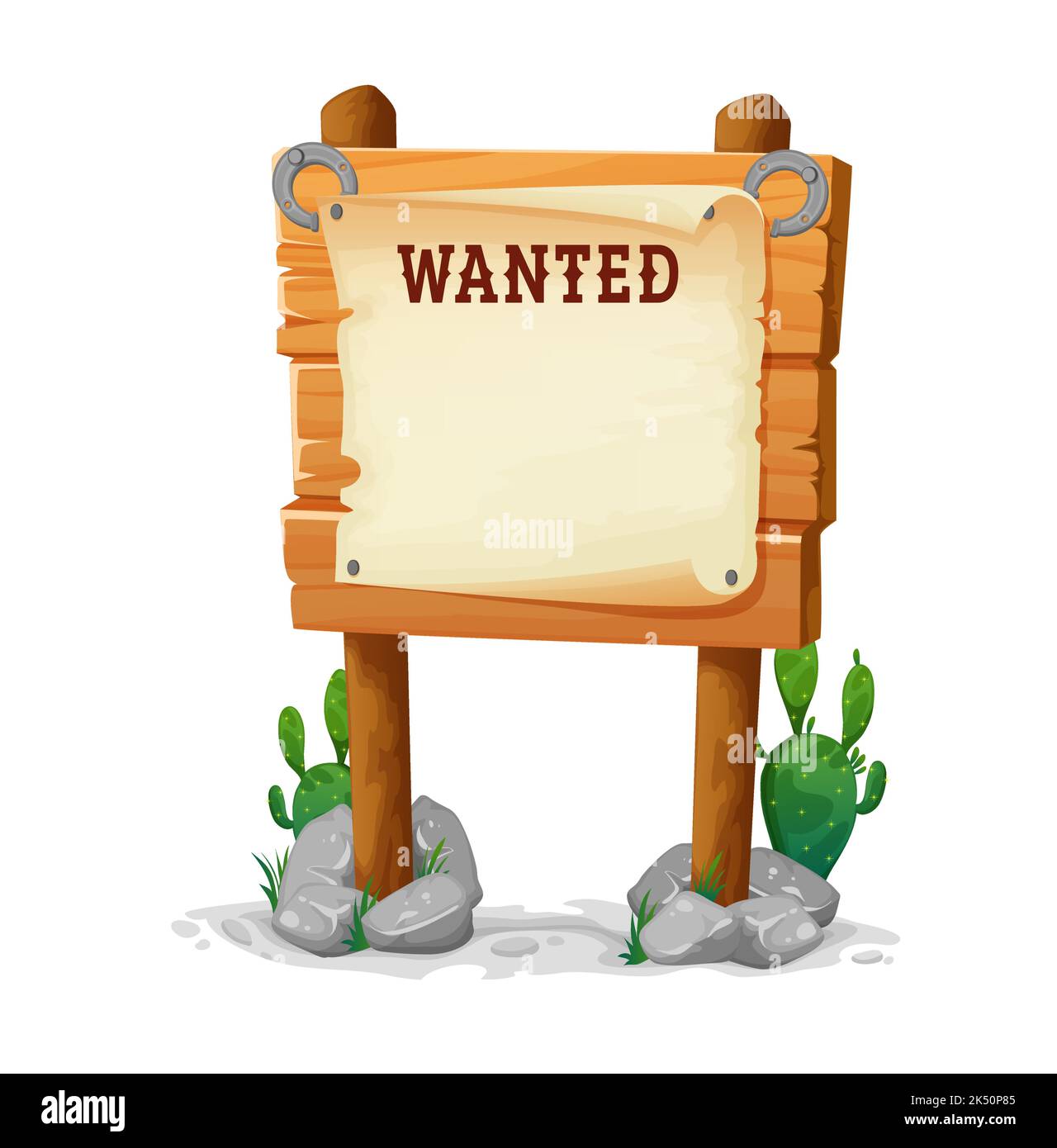 Cartoon Wild West wanted board, wooden sign or signboard, vector background. Western wanted dead or alive reward sign on wooden board poster with horseshoe and cactus in Texas or Arizona desert Stock Vector