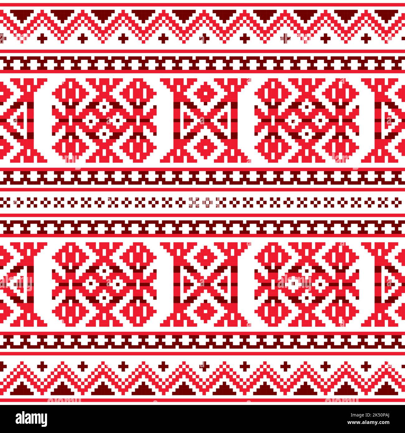 Sami folk art vector seamless pattern, retro design styled as traditional cross-stitch ornament from Lapland in red Stock Vector