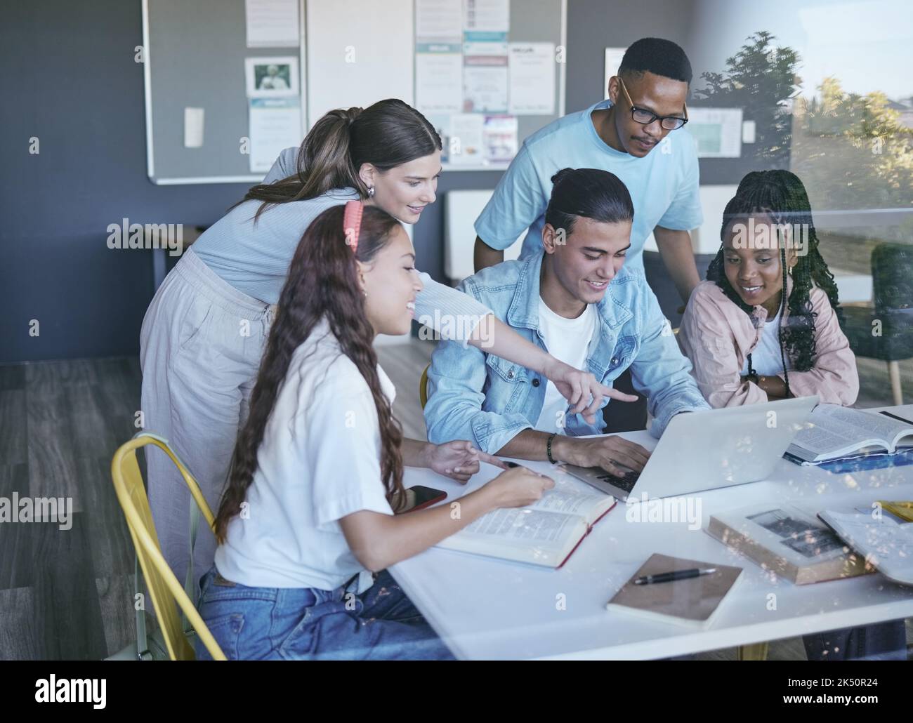 Collaboration, education and learning with students and laptop on project management, teamwork or planning. Study, communication or friends in Stock Photo