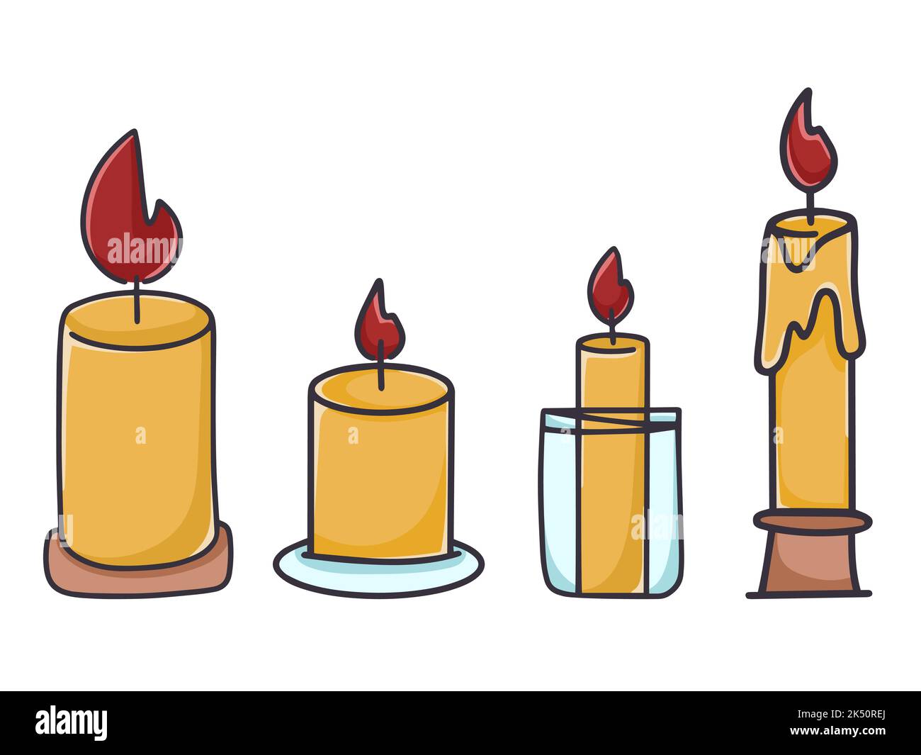 Candles set hand drawn doodle. Candle in jar, wide and thin isolated vector illustration. Candle with flame cartoon clipart Stock Vector