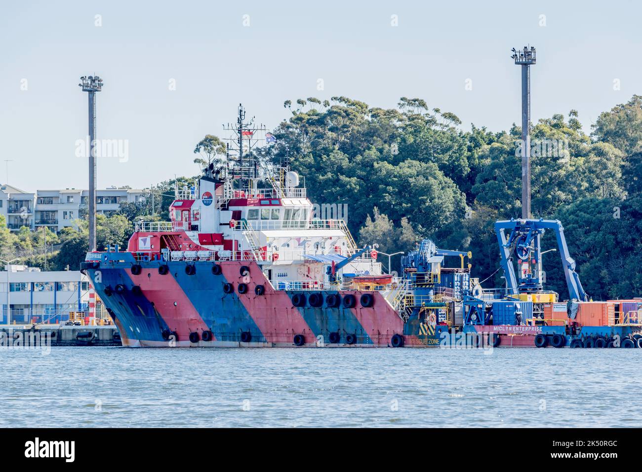 The 2007 built Miclyn Enterprise 70m offshore support vessel and tug or tugboat, moored in White Bay, Sydney Harbour, Australia Stock Photo