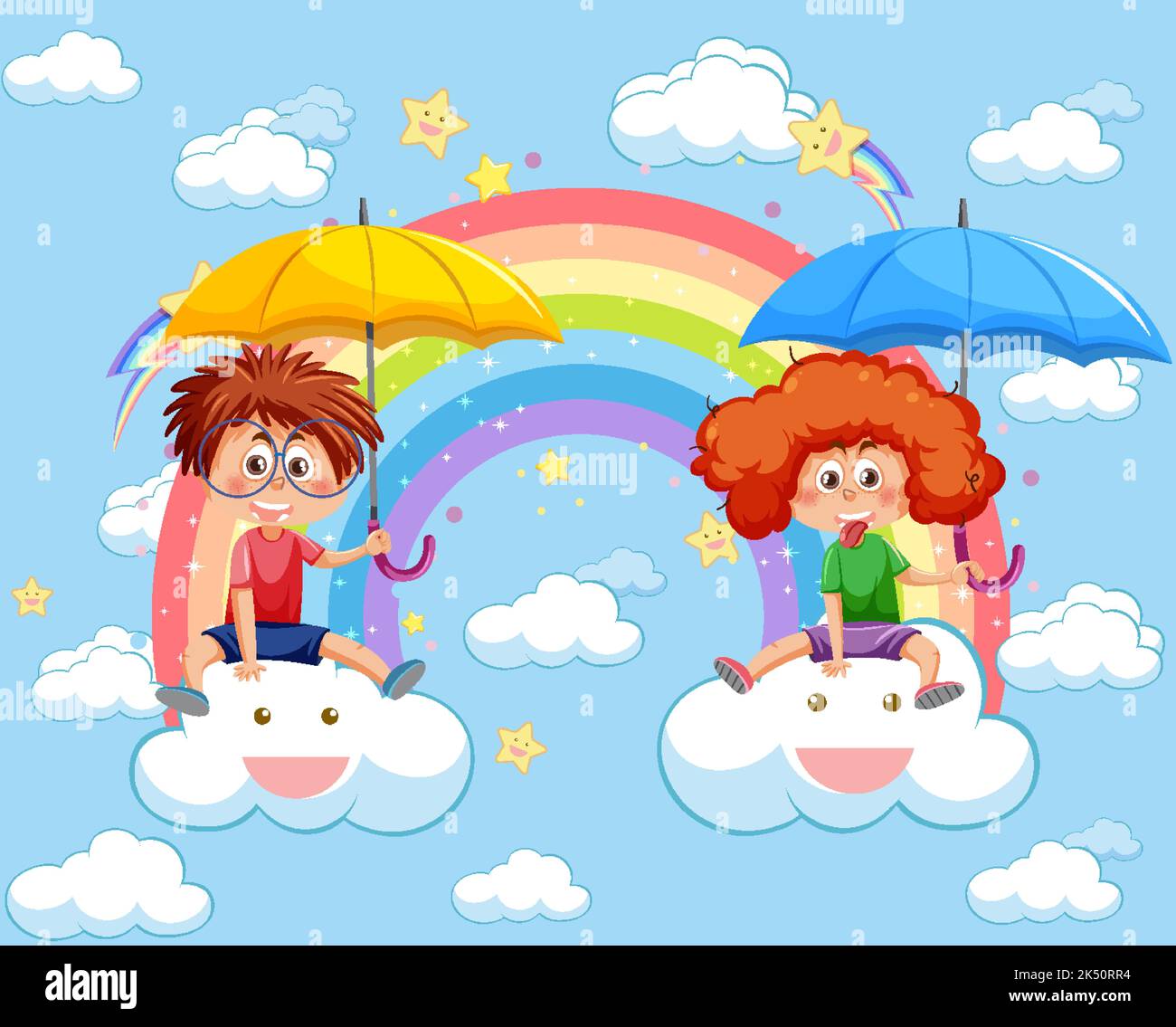 Happy kids in in the sky with rainbow illustration Stock Vector Image ...