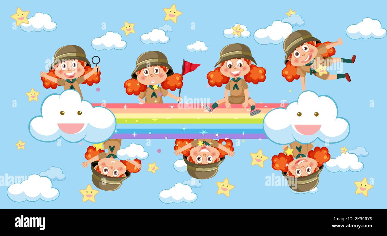 Happy kids in in the sky with rainbow illustration Stock Vector Image ...