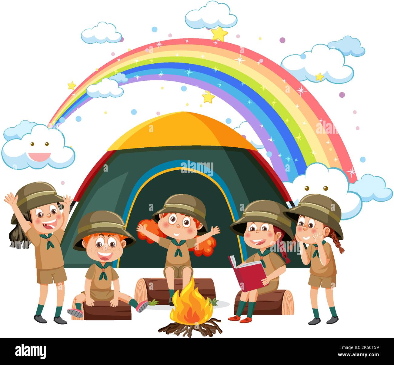 Camping kids with rainbow in the sky illustration Stock Vector Image ...