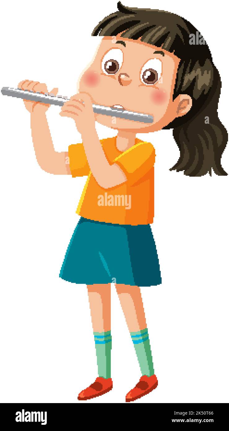 A girl playing flute cartoon character illustration Stock Vector Image