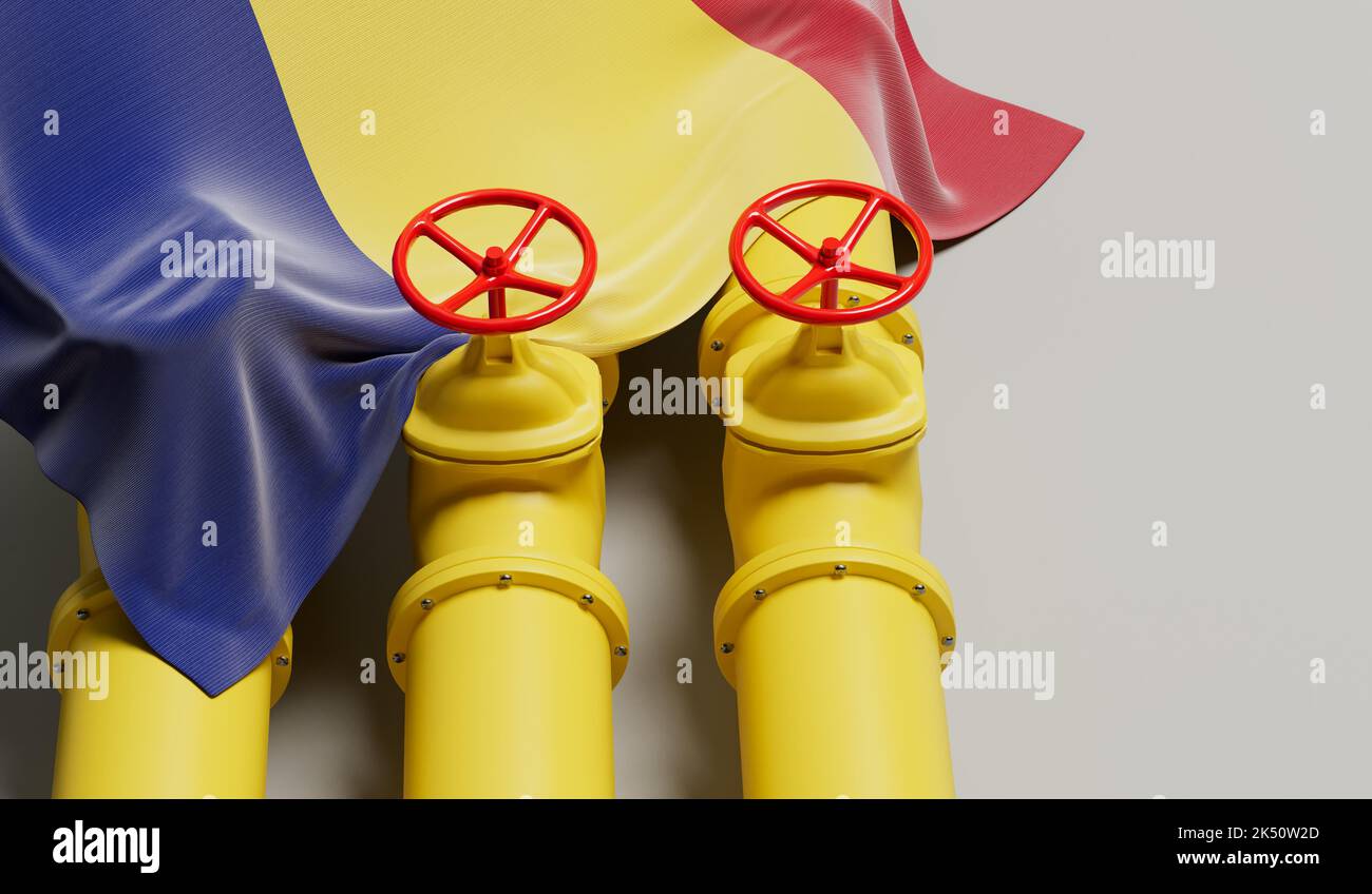Romania flag covering an oil and gas fuel pipe line. Oil industry concept. 3D Rendering Stock Photo