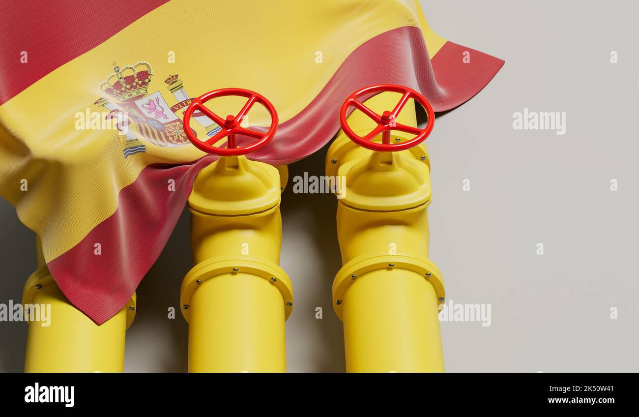 Spain flag covering an oil and gas fuel pipe line. Oil industry concept. 3D Rendering Stock Photo