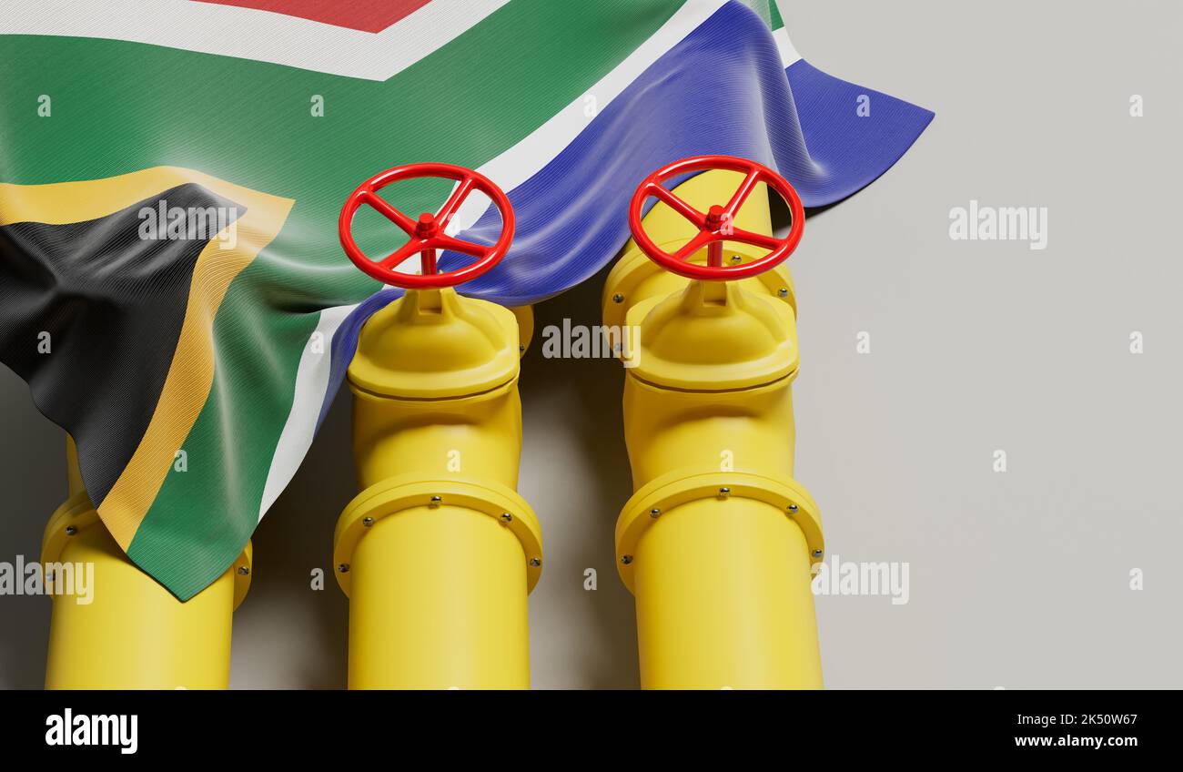 South Africa flag covering an oil and gas fuel pipe line. Oil industry concept. 3D Rendering Stock Photo