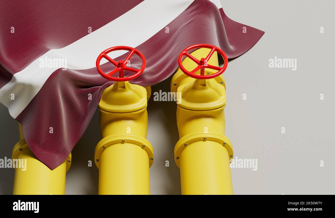 Latvia flag covering an oil and gas fuel pipe line. Oil industry concept. 3D Rendering Stock Photo