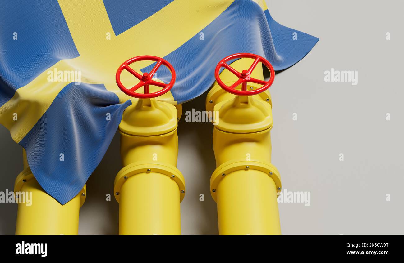 Sweden flag covering an oil and gas fuel pipe line. Oil industry concept. 3D Rendering Stock Photo