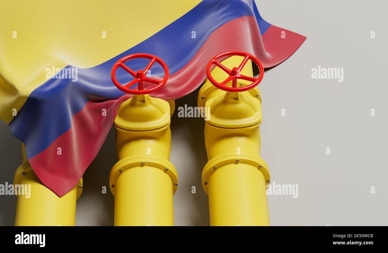Colombia flag covering an oil and gas fuel pipe line. Oil industry concept. 3D Rendering Stock Photo