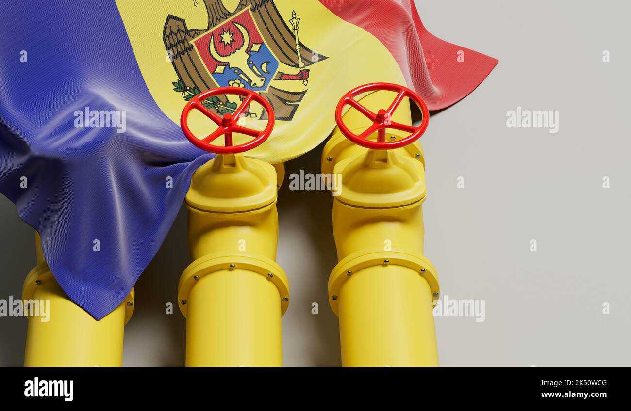 Moldova flag covering an oil and gas fuel pipe line. Oil industry concept. 3D Rendering Stock Photo