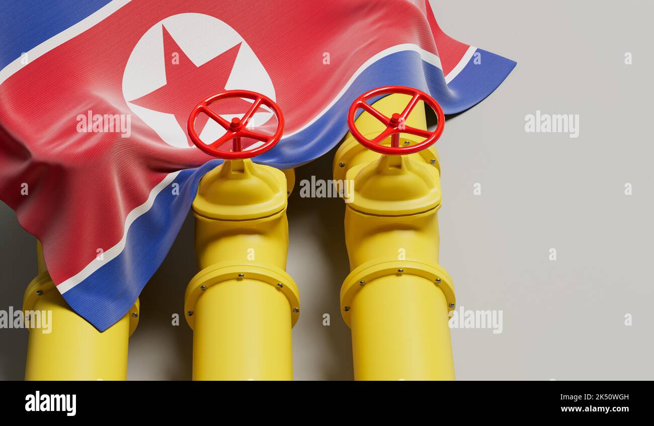 North Korea flag covering an oil and gas fuel pipe line. Oil industry concept. 3D Rendering Stock Photo