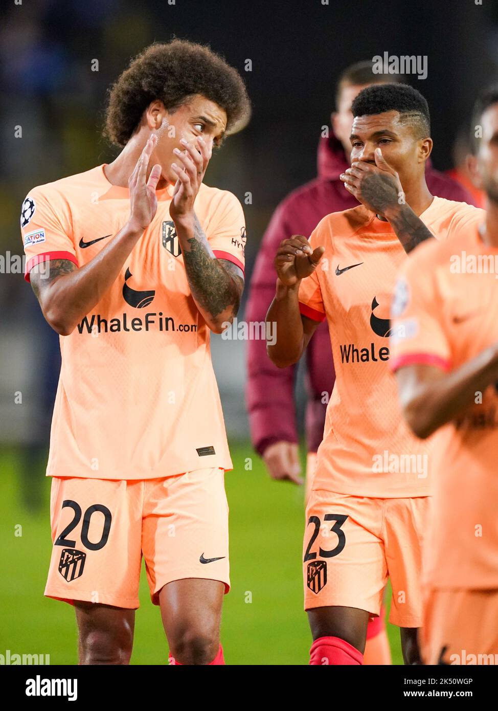 BRUGGES, BELGIUM - OCTOBER 4: Axel Witsel of Atletico Madrid and Reinildo of Atletico Madrid after the Group B - UEFA Champions League match between Club Brugge KV and Atletico Madrid at the Jan Breydelstadion on October 4, 2022 in Brugges, Belgium (Photo by Joris Verwijst/Orange Pictures) Stock Photo