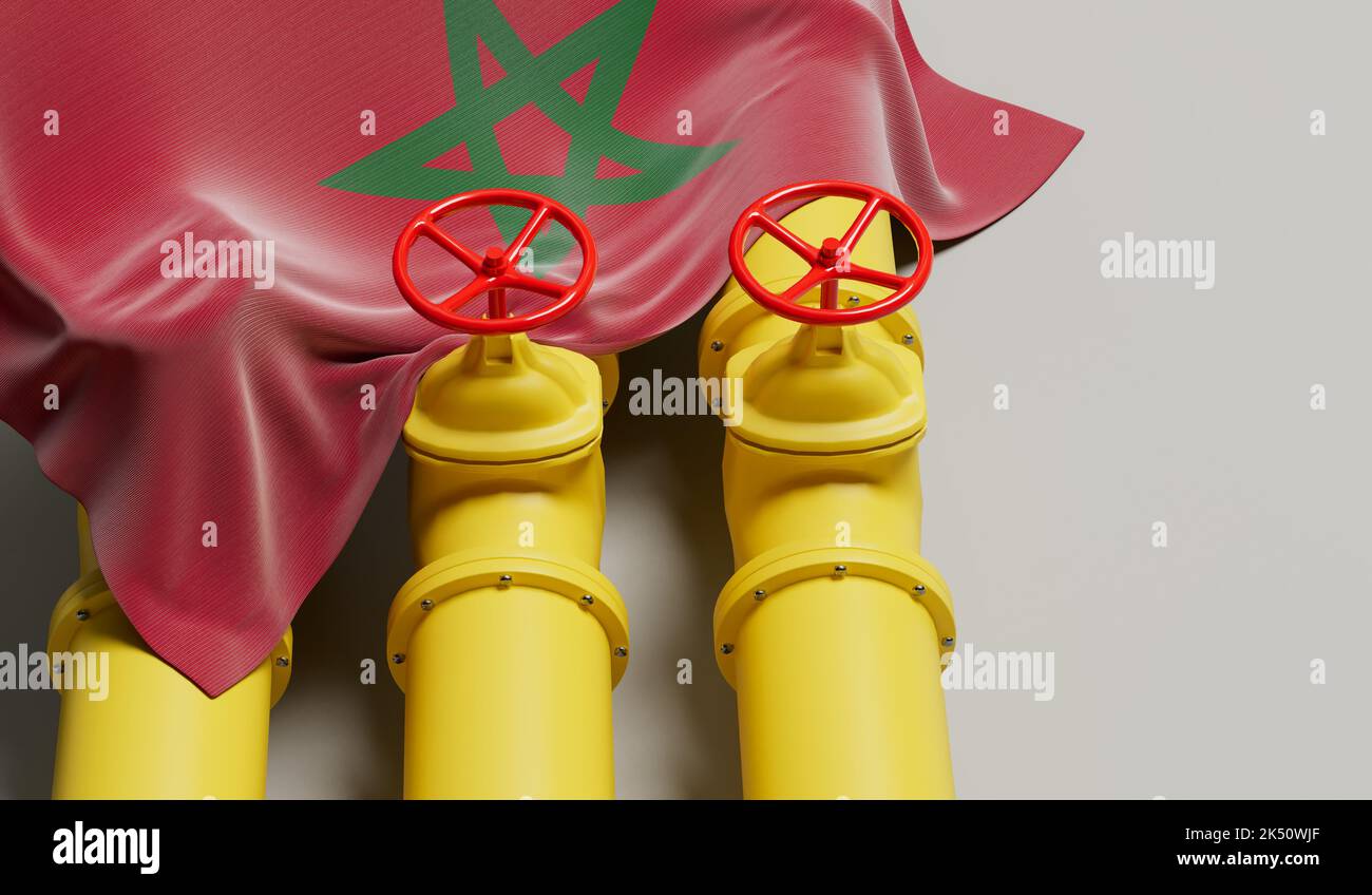 Morocco flag covering an oil and gas fuel pipe line. Oil industry concept. 3D Rendering Stock Photo