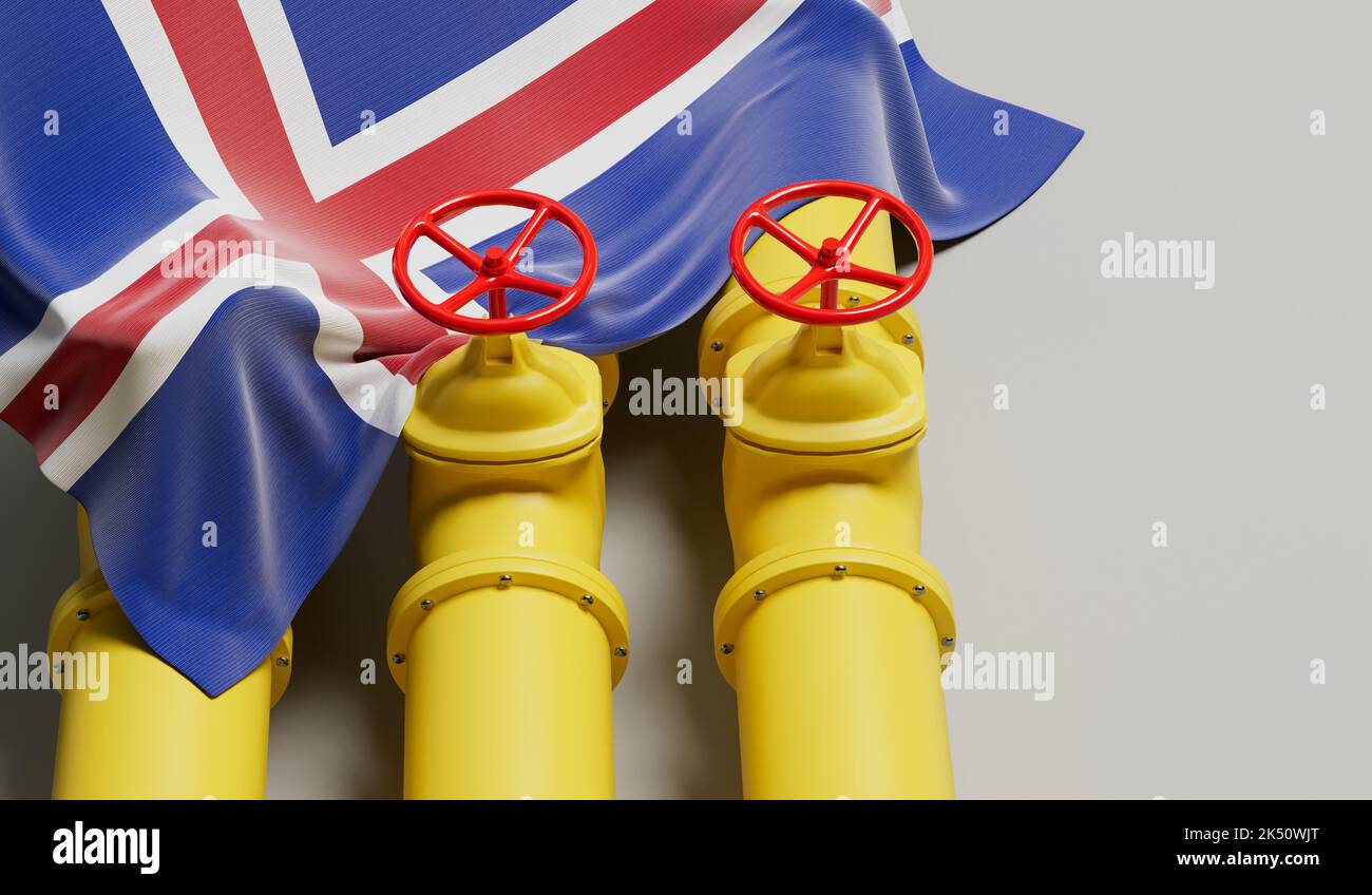 Iceland flag covering an oil and gas fuel pipe line. Oil industry concept. 3D Rendering Stock Photo