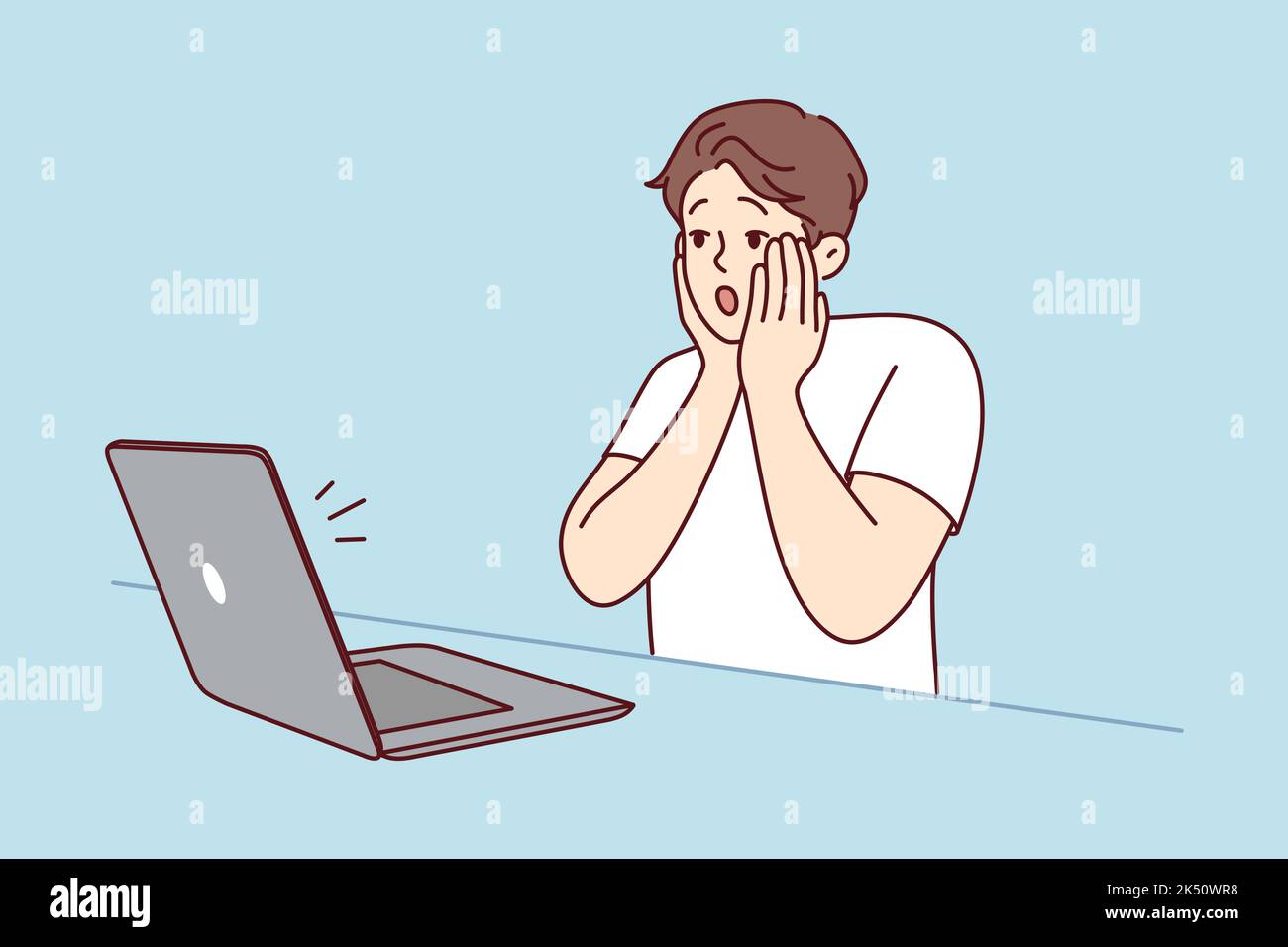 Stunned young man look at laptop screen shocked by unexpected news online. Amazed male surprised by message or text on computer. Vector illustration.  Stock Vector