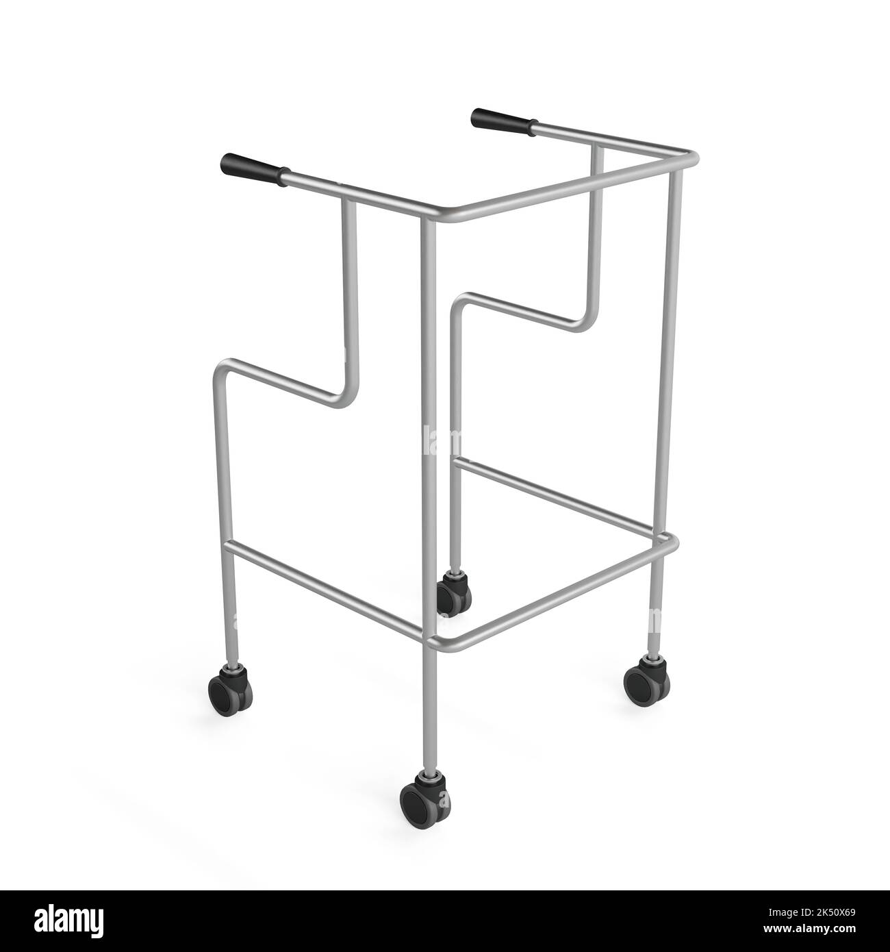 A closeup of a medical walker with wheels against a white background Stock Photo
