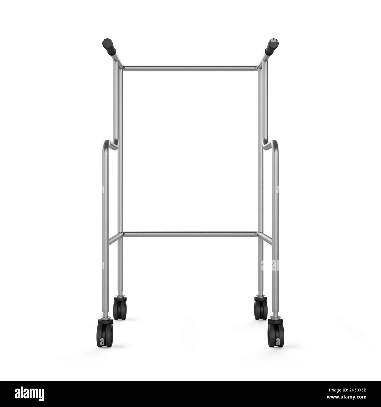 A closeup of a medical walker with wheels against a white background Stock Photo