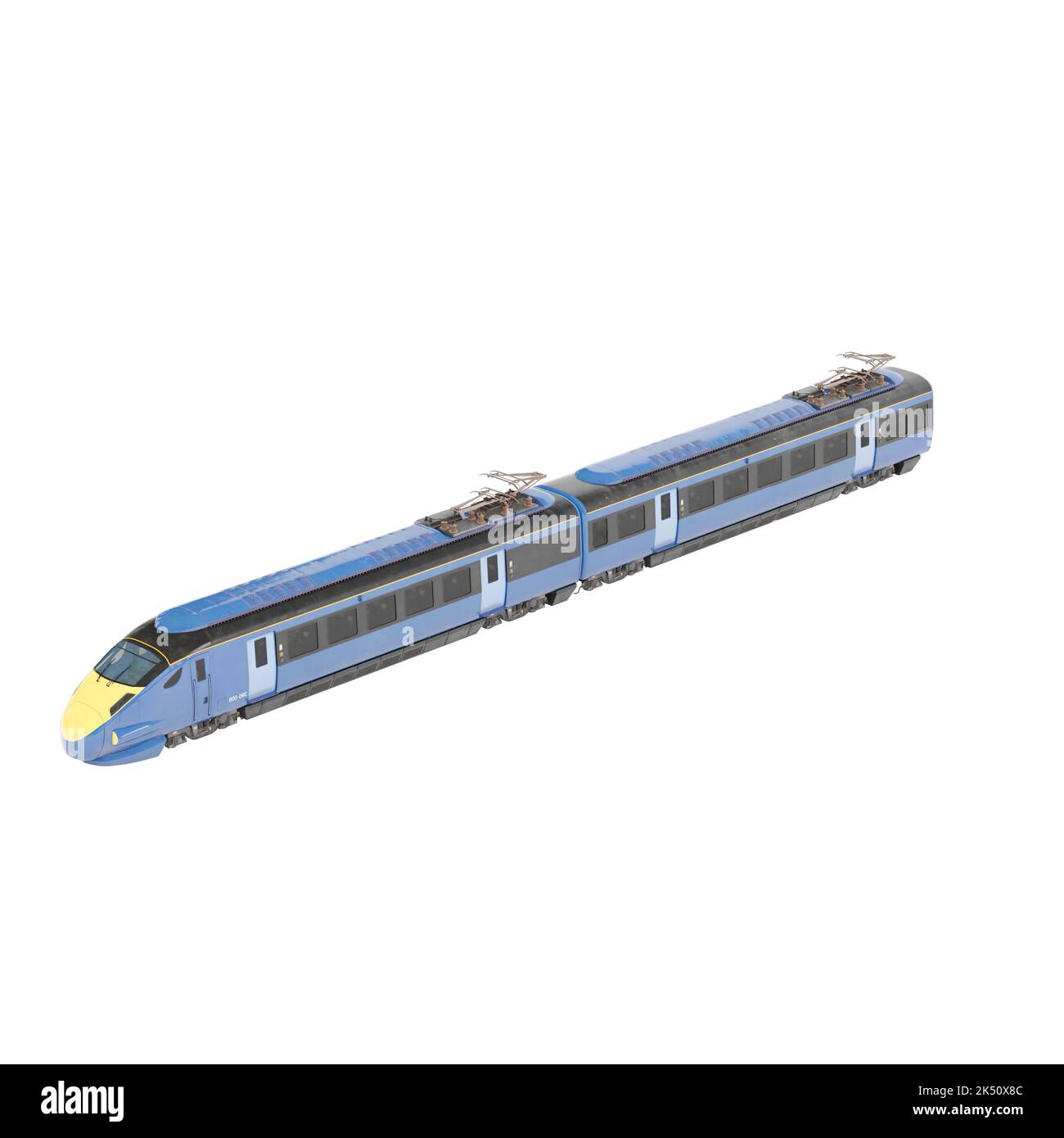 A 3d rendered scale model of an express train against a white ...