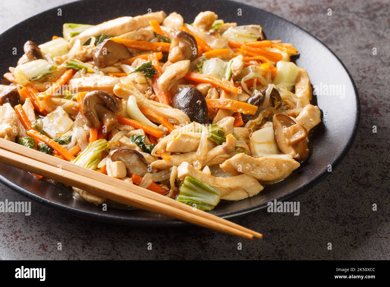 Chop Suey is a quick Chinese American stir-fry with chicken and mixed vegetables in a thick brown sauce close-up in a plate on the table. Horizontal Stock Photo