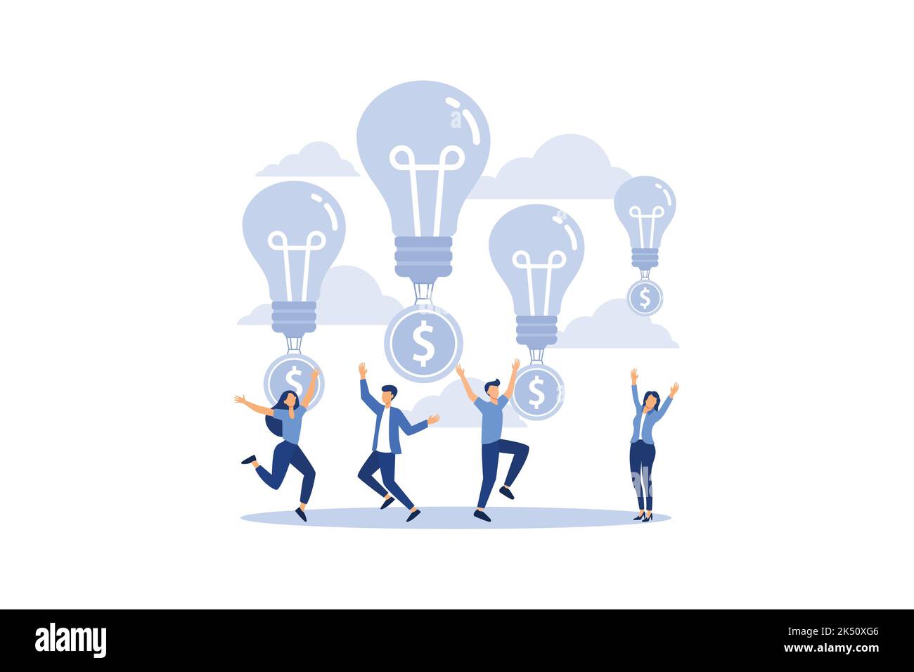 working together in a company, a light bulb takes off with coins up, ideas bring income to the company flat vector illustration Stock Vector