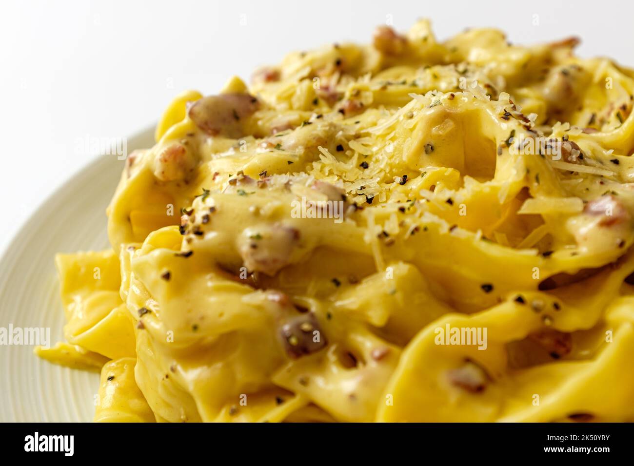 italian food culture. a type of pasta. Carbonara with Fettuccine Stock